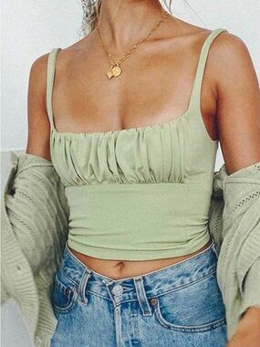 SHEIN Sage Green Ruched Square-Neck Crop Top size S